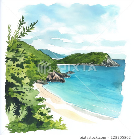 Trunk Bay. Trunk Bay hand drawn watercolor illustration Trunk Bay. Trunk Bay hand drawn watercolor illustration 128505802