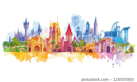 Universal Studios Florida. Universal Studios Florida hand drawn watercolor illustration 128505803