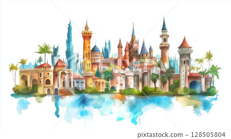 Universal Studios Florida. Universal Studios Florida hand drawn watercolor illustration 128505804