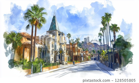 Universal Studios Hollywood. Universal Studios Hollywood hand drawn watercolor illustration 128505805