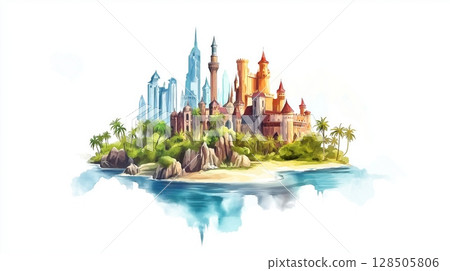 Universal Islands of Adventure. Universals Islands of Adventure hand drawn watercolor illustration Universal Islands of Adventure. Universals Islands of Adventure hand drawn watercolor illustration 128505806