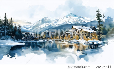 Whistler Blackcomb. Whistler Blackcomb hand drawn watercolor illustration 128505811