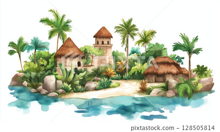 Xcaret Eco Park. Xcaret Eco Park hand drawn watercolor illustration Xcaret Eco Park. Xcaret Eco Park hand drawn watercolor illustration 128505814