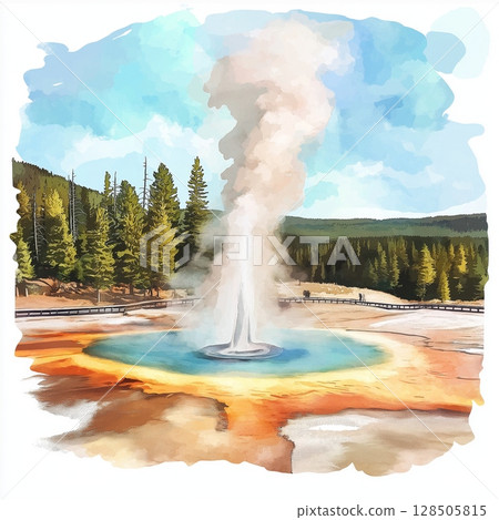Yellowstone National Park. Yellowstone National Park hand drawn watercolor illustration Yellowstone National Park. Yellowstone National Park hand drawn watercolor illustration 128505815