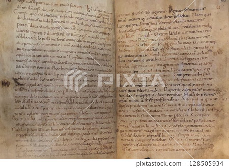 Medieval text in old manuscript - close up of vintage handwritten historical document Medieval text in old manuscript - close up of vintage handwritten historical document 128505934