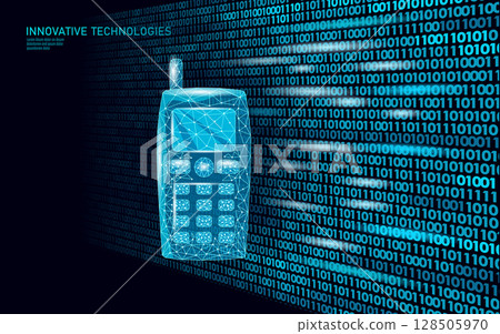 Old mobile phone illustration. Cellular telephone communication gadget polygonal art. Telecommunications history design nostalgia. Blue dark background low poly vector Old mobile phone illustration. Cellular telephone communication gadget polygonal art. Telecommunications history design nostalgia. Blue dark background low poly vector 128505970