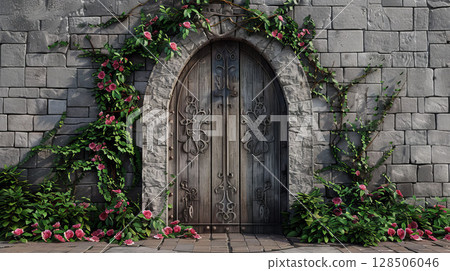 Gothic 3D wooden door, ivy, flowers on stone wall, ancient castle gate design. 128506046
