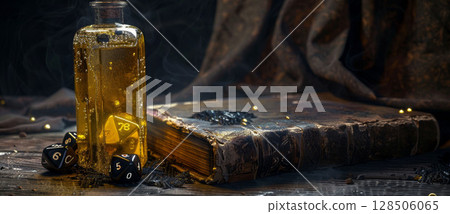 Yellow glass bottle, black dice, d20, old book, charcoal border, dark DnD fantasy style. Yellow glass bottle, black dice, d20, old book, charcoal border, dark DnD fantasy style. 128506065