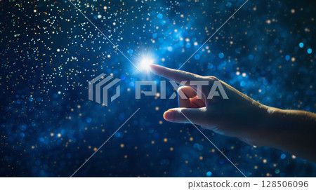 Hand reaching for star, night sky with stars, hope and dreams theme, magical atmosphere. 128506096