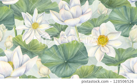 White waterlilies flowers with buds, leaves watercolor horizontal border. Blooming lotus illustration in realistic style. Frame for greeting card, health care package product. Copy space for text 128506526