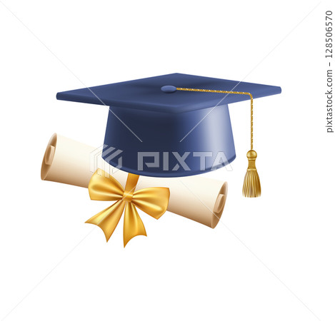 3d diploma scroll with graduate hat. Vintage roll paper 128506570
