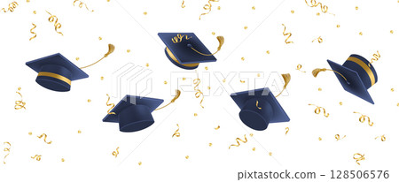Graduates celebration. 3D Flying black graduate hat 128506576