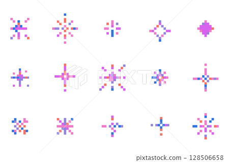 Pixel sparkles and stars Retro 8bit icons for games UX design firework effect space decor 90s Y2K pixel art graphics set. Firework burst, space decoration. 128506658