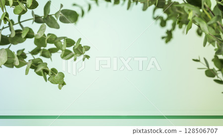Empty glass shelf on light blue background with eucalyptus branches. Show case for natural cosmetic products. Concept scene stage for new product, promotion sale and presentation. Front view 128506707