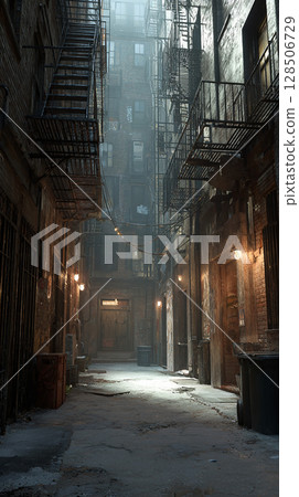 A mysterious atmosphere in the back alleys at night 128506729