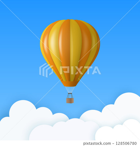 Vector Travel Banner with 3d Realistic Hot Air Balloon Icon on a Blue Sky Background. Design Template, Summer Vacation, Travelling, Tourism and Journey Concept Vector Travel Banner with 3d Realistic Hot Air Balloon Icon on a Blue Sky Background. Design Template, Summer Vacation, Travelling, Tourism and Journey Concept 128506780