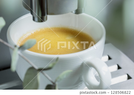 Close-up of fresh hot espresso pouring from coffee machine. Professional coffee brewing. Cup of natural espresso with eucalyptus branch. Coffee break. Good morning Close-up of fresh hot espresso pouring from coffee machine. Professional coffee brewing. Cup of natural espresso with eucalyptus branch. Coffee break. Good morning 128506822