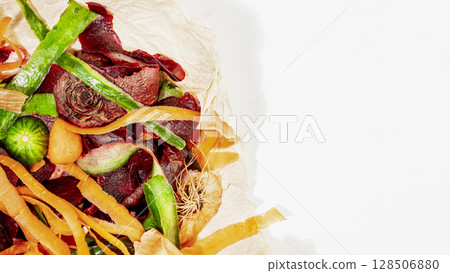 Vegetable scraps ready for composting. Vegetable peelings on wrapping paper on white kitchen table set aside for compost. Concept of processing organic waste for fertilize soil. Flat lay, copy space 128506880