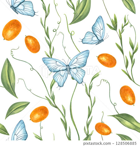 Blue orange tropical seamless watercolor pattern with flying butterflies flying among kumquat fruits isolated on white background. Bright summer ornate for textile design, packaging, birthday decor. 128506885