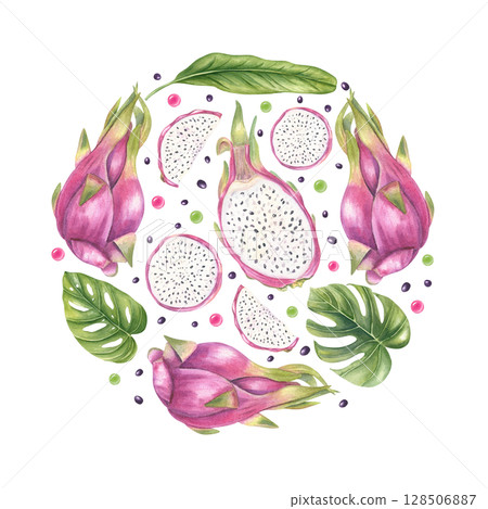 Watercolor pink pitaya fruits, monstera leaves, juice drops arranged evenly in circle isolated on white background. Tropical fruit and foliage illustration for poster, nature label, spa packaging. 128506887