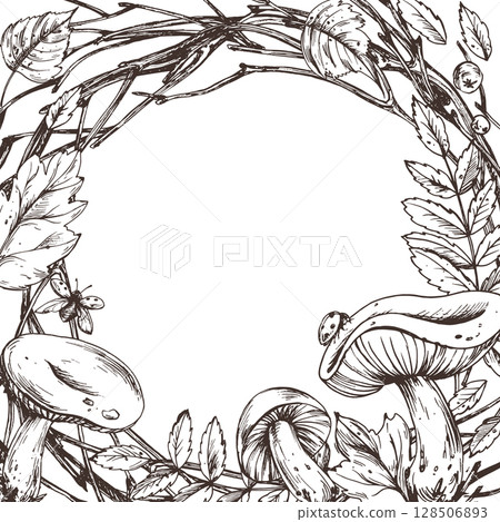 Detailed hand drawn illustration of a round autumn floral frame with mushrooms, twigs and leaves, perfect for seasonal projects, cards, labels or packaging design in vintage style. 128506893