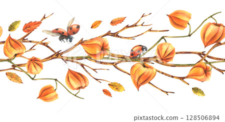 Hand drawn watercolor illustration of autumn seamless border with orange physalis, leaves and dry branches. Elegant seasonal design for packaging, scrapbooking and cards. Hand drawn watercolor illustration of autumn seamless border with orange physalis, leaves and dry branches. Elegant seasonal design for packaging, scrapbooking and cards. 128506894