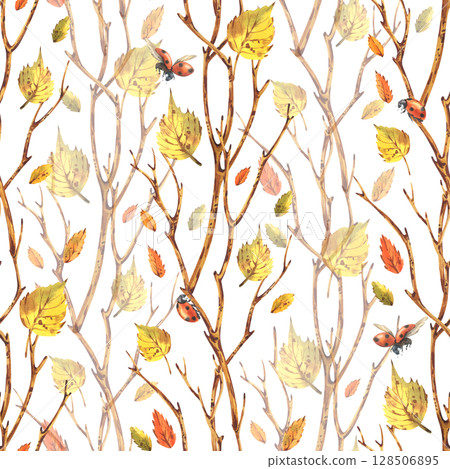 Hand drawn seamless autumn pattern with yellow birch leaves, ladybugs and brown branches on white background. Watercolor illustration is perfect for wrapping paper, textiles and autumn design 128506895