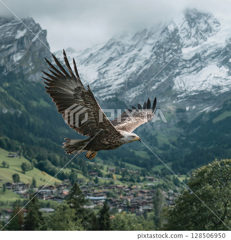 An eagle glides over the mountains with powerful wings 128506950