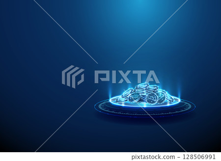 Pile of coins on futuristic podium. Capital accumulation, financial growth, investments, fintech innovation concept. 128506991