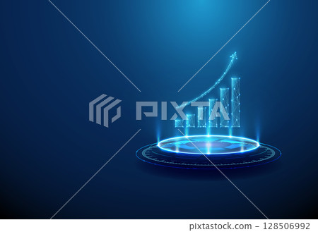 Increasing chart on futuristic podium. Economic growth, business success, data analytics and technological progress concept. 128506992