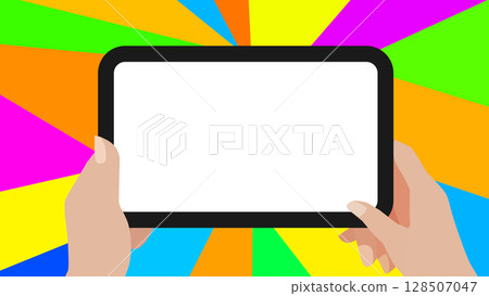 Digital Tablet in Hands with Colorful Radial Background 128507047