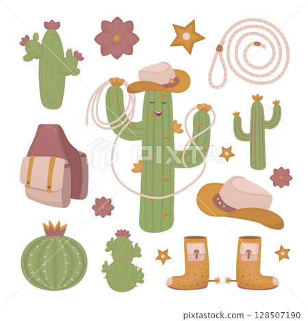 Cowboy doodle set in boho style, color vector illustrations 128507190