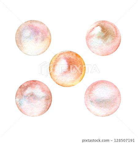Pink and beige pearls hand drawn in watercolor, delicate illustration, isolated on a white background. 128507191