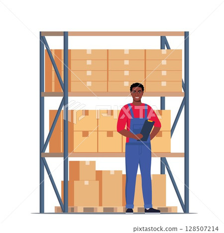 Warehouse worker and rack with cardboard boxes. Logistic Delivery Service Concept. Vector illustration. Warehouse worker and rack with cardboard boxes. Logistic Delivery Service Concept. Vector illustration. 128507214