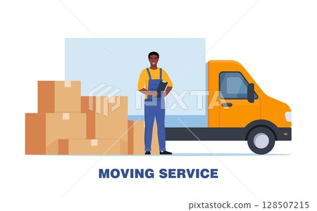 Moving service. Transportation services of things. Moving of items to destination. Black Man in uniform, cardboard boxes and truck container. Advertising banner for delivery service. Vector . 128507215