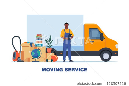Moving service. Truck and household items. Moving to new house. Black man in uniform. Package transportation. Things, clothes, furniture. Vector illustration. 128507216