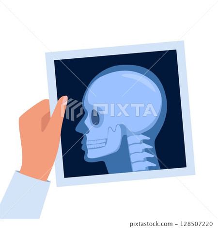 X-ray shot of skull, human body, head and neck bones side view, radiography. Roentgen shot in doctors hand. Vector illustration. 128507220