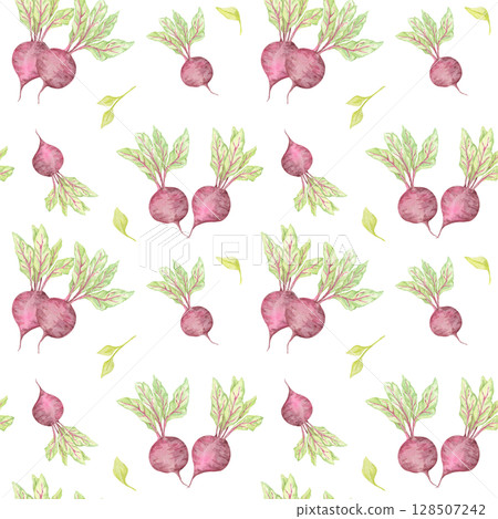 Hand-painted beetroot clipart with foliage in a seamless watercolor pattern. Garden vegetables illustration for packaging design, scrapbook paper, or natural product wraps and farmers market labels Hand-painted beetroot clipart with foliage in a seamless watercolor pattern. Garden vegetables illustration for packaging design, scrapbook paper, or natural product wraps and farmers market labels 128507242