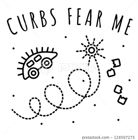 Curbs Fear Me, black line kawaii meme illustration. A car-hedgehog in cyberpunk style goes fast and crooked and wins over the curbs. They are defeated, the hedgehog is happy! Curbs Fear Me, black line kawaii meme illustration. A car-hedgehog in cyberpunk style goes fast and crooked and wins over the curbs. They are defeated, the hedgehog is happy! 128507273