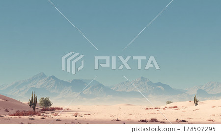 與藍天和仙人掌的沙漠風景 128507295