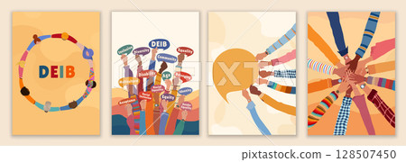 Diversity inclusion equality template with raised hands group teamwork unity people concept 128507450