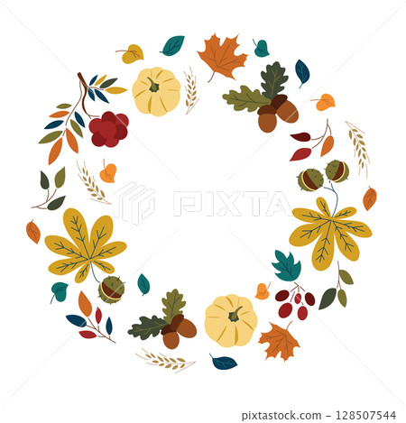 Round frame, wreath, garland, border with pumpkins, colorful autumn leaves, maple leaves, rowan, acorns and Vector illustration with place for save the date, text, photo. Autumn, Thanksgiving design 128507544