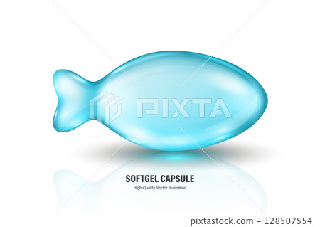 Vector 3d Realistic Fish Shaped Softgel Capsule Icon, Isolated. Glossy Blue Capsule Icon for Omega 3, Vitamin D, Kids Supplement. Transparent Capsule for Pharmacy, Capsule Packaging, Medical Product 128507554
