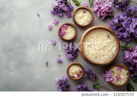 lilac blossoms nestled beside sea salt crystals, calming nighttime relaxation and wellness world sleep day 128507570