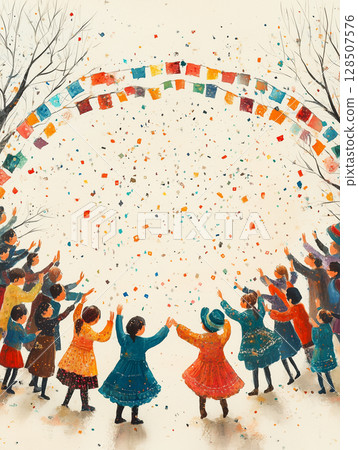 Costumed celebrants dancing, tossing confetti beneath festive flags during vibrant purim street festival copy space 128507576