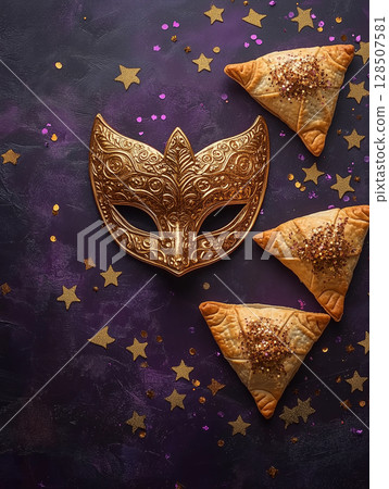 Golden mask beside glittery hamantaschen cookies resting on deep purple surface marking festive purim celebration 128507581