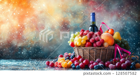 Purim mishloach manot basket with fresh fruits, wine, and festive decorations on artistic background, perfect for gifting 128507582