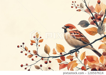 Watercolor illustration of a sparrow perched on a branch with autumn leaves and berries World Wildlife Day  128507614