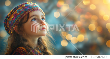 Young girl wearing vibrant, sparkling purim costume, looking upward with festive bokeh lights illuminating background copy space 128507615