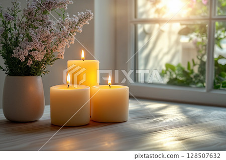 Easter candles illuminate a peaceful setting with serene nature vibes 128507632